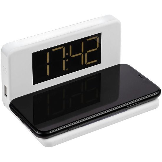 Часы настольные с беспроводным зарядным устройством Pitstop, белые - подробное фото