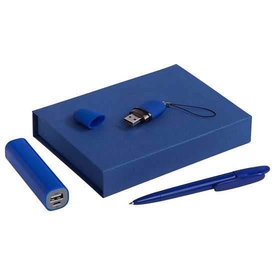 Набор Bond: аккумулятор, флешка и ручка, синий - подробное фото