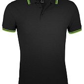 Рубашка поло мужская PASADENA MEN 200 с контрастной отделкой, черная с зеленым - фото
