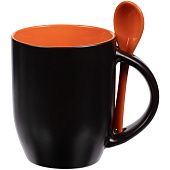 Кружка-хамелеон Melty с ложкой, черная с оранжевым - фото