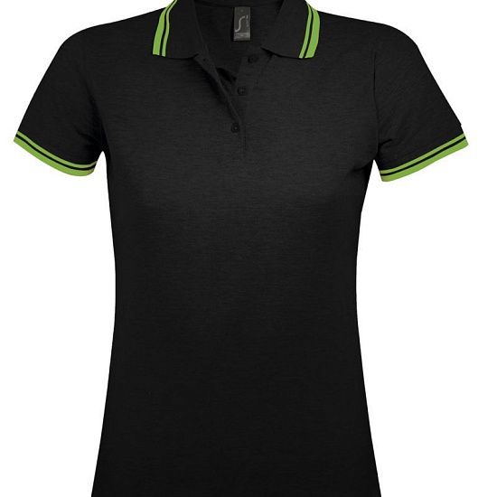 Рубашка поло женская PASADENA WOMEN 200 с контрастной отделкой, черная с зеленым - подробное фото