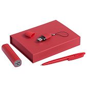 Набор Bond: аккумулятор, флешка и ручка, красный - фото