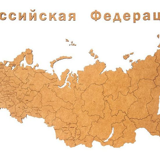 Деревянная карта России с названиями городов, коричневая - подробное фото