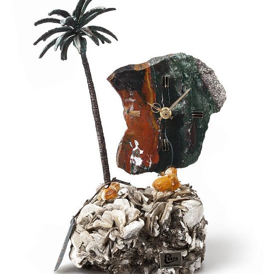 Часы «Пальмовый рай» из яшмы с бронзой - подробное фото